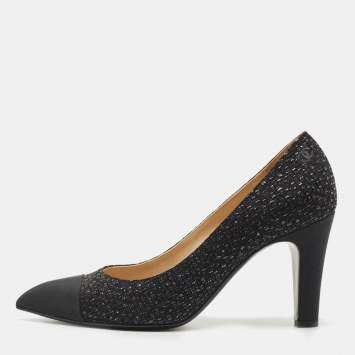 Pre Owned Chanel Black Textured Fabric and Canvas CC Pumps Size 37.5