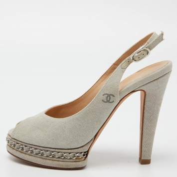 Pre Owned Chanel Grey Canvas CC Chain Link Platform Peep Toe Slingback Pumps Size 37.5