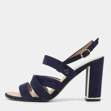 Pre Owned Chanel Navy Blue Suede Block Heel Ankle Strap Sandals Size 38