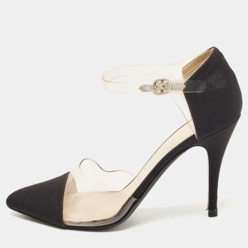 Pre Owned Chanel Black Fabric and PVC CC Ankle Strap Pumps Size 38