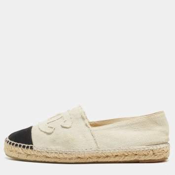 Pre Owned Chanel Cream Canvas CC Cap Toe Espadrille Flats Size 41