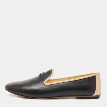 Pre Owned Chanel Black/Cream Leather CC Smoking Slippers Size 40