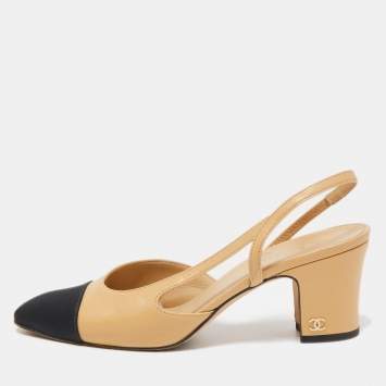 Pre Owned Chanel Beige/Black Leather and Fabric Cap Toe CC D'orsay Slingback Pumps Size 36.5