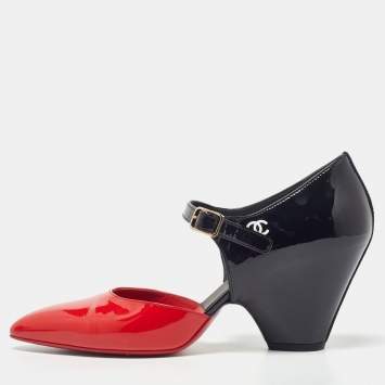 Pre Owned Chanel Red/Black Patent Leather Mary Jane Wedge Pumps Size 38.5