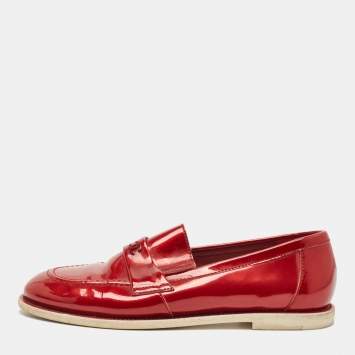 Pre Owned Chanel Red Patent Leather CC  Loafers Size 37.5