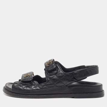 Pre Owned Chanel Black Quilted Leather CC Dad Sandals Size 39.5