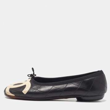 Pre Owned Chanel Black Quilted Leather CC Ligne Cambon Ballet Flats Size 36.5