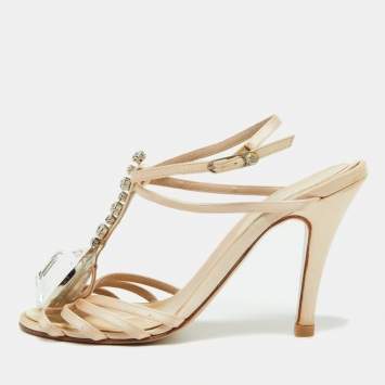 Chanel  Beige Satin Crystal Embellished Slingback Sandals Size 39.5