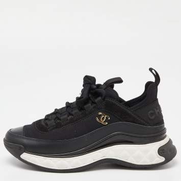 Pre Owned Chanel Black Fabric and Leather CC Logo Lace Up Sneakers Size 34