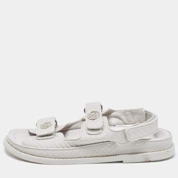Chanel Light Grey Textured Leather Dad Sandals Size 39