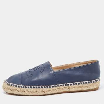 Pre Owned Chanel Navy Blue Leather CC Espadrille Flats Size 37