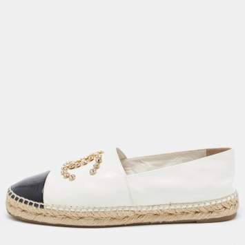 Pre Owned Chanel White//Black Patent Leather Crystal Embellished CC Espadrille Flats Size 40