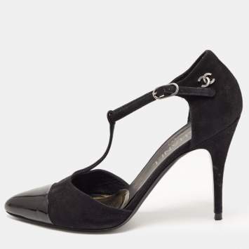 Pre Owned Chanel Black Suede and Patent Cap Toe CC T-Strap Pumps Size 39.5