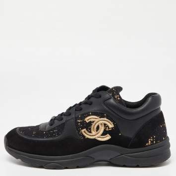 Pre Owned Chanel Black/Gold Tweed,Suede and Leather CC Lace Up Sneakers Size 40.5