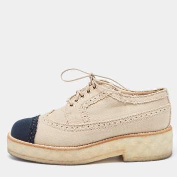Pre Owned Chanel Beige/Black Brogue Canvas Cap Toe Lace Up Derby Size 36