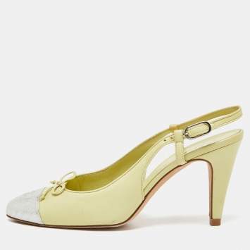 Pre Owned Chanel Yellow/Silver Leather and Laminated Suede CC Cap Toe Bow Slingback Pumps Size 38.5