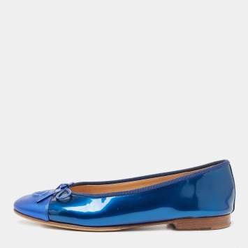 Pre Owned Chanel Two Tone Patent and Leather CC Cap Toe Bow Ballet Flats Size 38