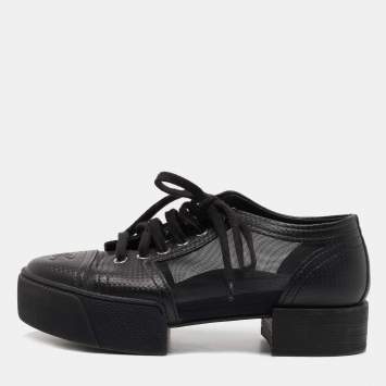 Pre Owned Chanel Black Leather And Mesh Platform Low Top Sneakers Size 37.5