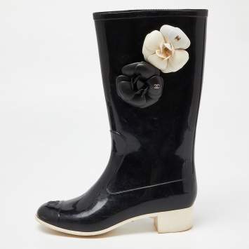 Pre Owned Chanel Black Rubber Camelia Rain Boots Size 38