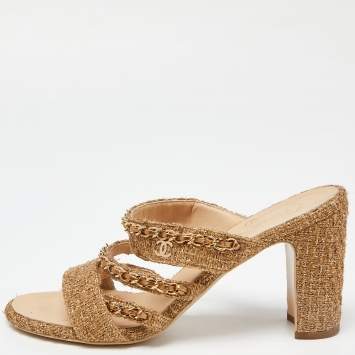 Pre Owned Chanel Gold Tweed Interlocking CC Logo Slide Sandals Size 39