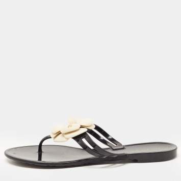 Pre Owned Chanel Black Jelly Camellia Thong Flats Size 40