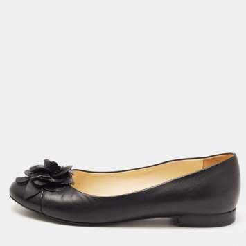 Pre Owned Chanel Black Leather Camelia Ballet Flats Size 37.5
