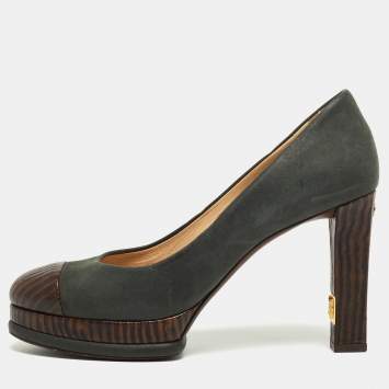 Pre Owned Chanel Grey/Brown Nubuck and Textured Leather Platform Pumps Size 39.5