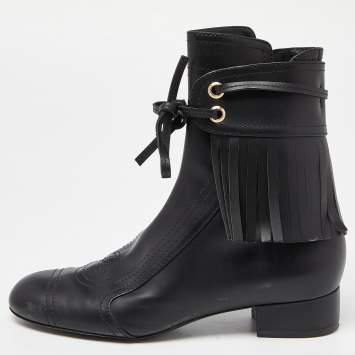 Pre Owned Chanel Black Leather Fringe Double Zip CC Boots Size 37.5
