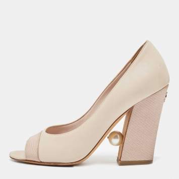 Pre Owned Chanel Two Tone Leather and Fabric CC Faux Pearl Open Toe Pumps Size 37.5