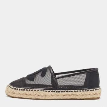 Pre Owned Chanel Black Mesh and Leather CC Cap Toe Espadrille Flats Size 38