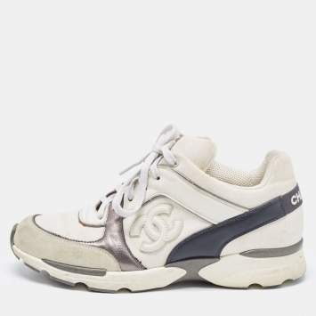 Pre Owned Chanel Tricolor Leather And Canvas CC Lace Up Sneakers Size 39.5