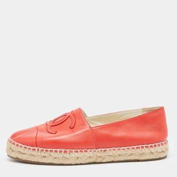 Pre Owned Chanel Red Leather CC Espadrille Flats Size 36