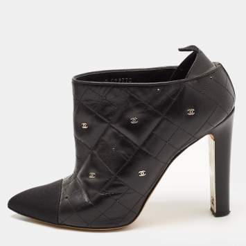 Pre Owned Chanel Black Leather Quilted Leather CC and Crystal Embellished Booties Size 39