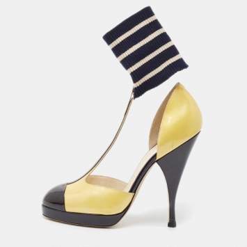 Pre Owned Chanel Yellow/Black Patent Leather T-Strap Ankle Sock Platform Pumps Size 39