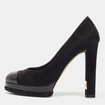 Pre Owned Chanel Black Suede and Leather Cap Toe Platform Pumps Size 38