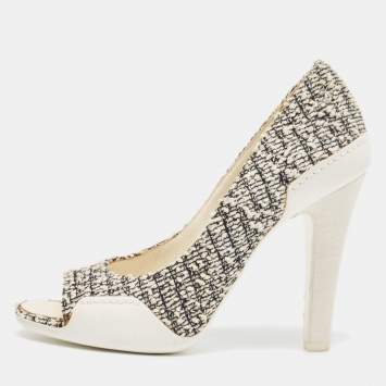 Pre Owned Chanel Off White/Black Tweed and Leather Open Toe Pumps Size 38