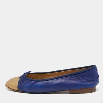 Pre Owned Chanel Blue/Gold Leather CC Cap Toe Bow Ballet Flats Size 38