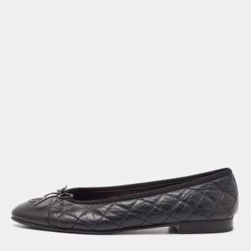 Pre Owned Chanel Black Leather CC Ballet Flats Size 39