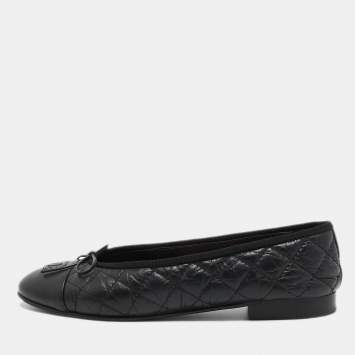 Chanel Black Leather CC Ballet Flats Size 37.5