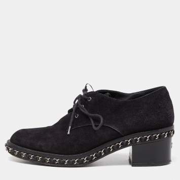 Pre Owned Chanel Black Suede Chain Detail Derby Size 37