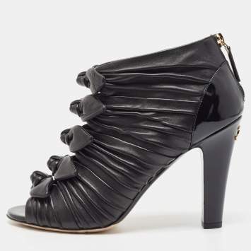 Pre Owned Chanel Black Pleated Leather Knotted Bow Open Toe Booties Size 38
