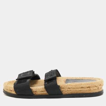 Pre Owned Chanel Black Leather And Canvas CC Velcro Espadrille Flat Sandals Size 37