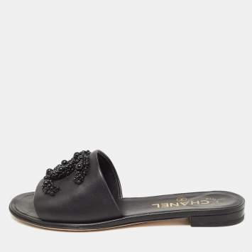 Pre Owned Chanel Black Leather Embellished CC Flat Slides Size 36