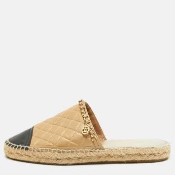 Pre Owned Chanel Beige/Black Quilted Leather CC Chain Link Espadrille Flat Mules Size 41