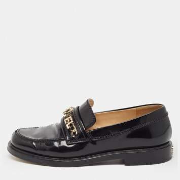 Pre Owned Chanel Black Leather Logo Slip On Loafers Size 36