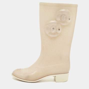 Pre Owned Chanel Beige Glitter Rubber CC Camellia Rain Boots Size 37