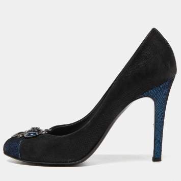 Pre Owned Chanel Black/Blue Suede Embellished CC Cap Toe Pumps Size 39.5