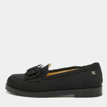 Pre Owned Chanel Black Canvas CC Bow Slip On Loafers Size 38