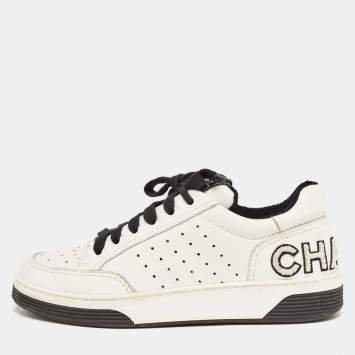 Pre Owned Chanel White/Black Leather Lace Up Sneakers Size 37