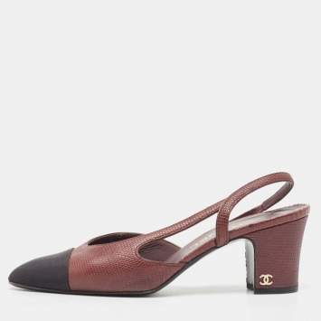 Pre Owned Chanel Burgundy Lizard Embossed CC Cap Toe Pumps Size 37 